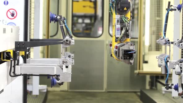 Press machine. Finished products stored on the production line. Production, automation, no people. alt