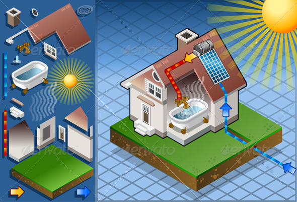 Isometric Solar Panel in Hot Water Production - Buildings Objects