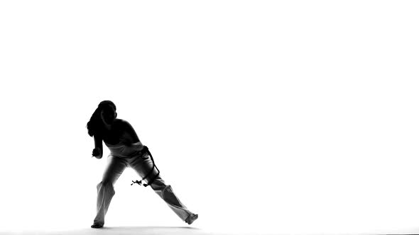 Silhouettes of Girl Are Practicing Capoeira in White Background of Studio. Afro-Brazilian Martial alt
