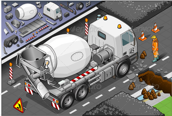 Isometric Cement Mixer Truck in Rear View - Man-made Objects Objects