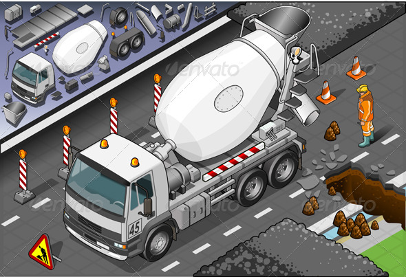 Isometric Cement Mixer Truck in Rear View - Man-made Objects Objects