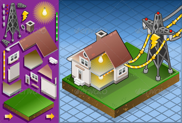 Isometric House Powered by Electrical Tower - Buildings Objects