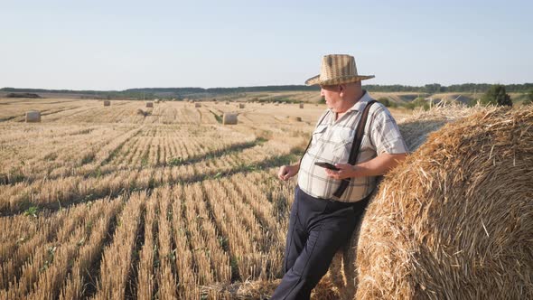 Old Farmer Uses Tablet in the Field Next To Haystack at Sunset. Smart Farming, Using Modern alt