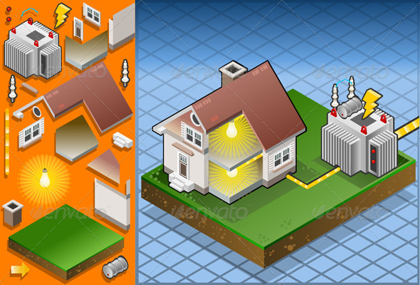 Isometric House Powered by Electrical Transformer - Buildings Objects