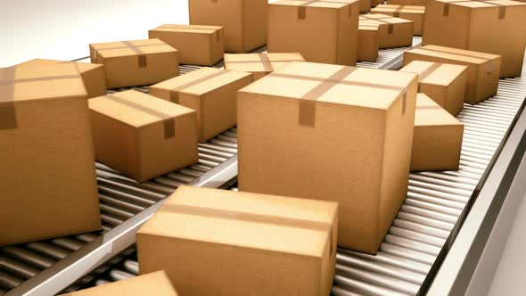 The side view animation of cardboard boxes moving in the line. Loopable. HD alt