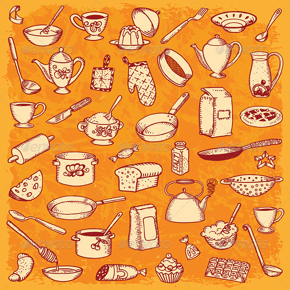 Kitchen and Cooking Doodle Set Vector - Food Objects