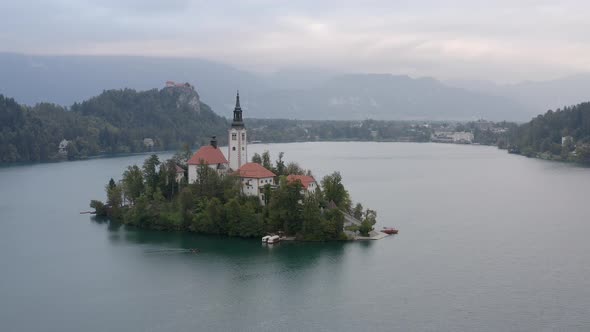 Aerial footage of Lake Bled and the Church island, Slovenia