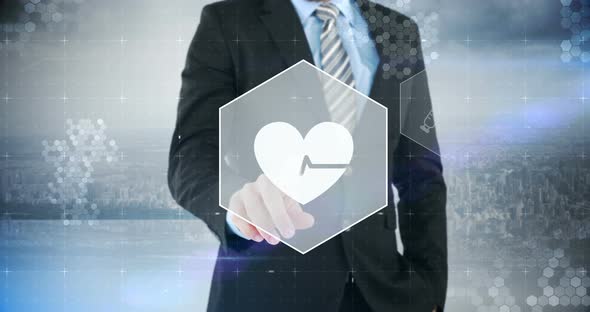 Businessman touching virtual digital interface screen alt