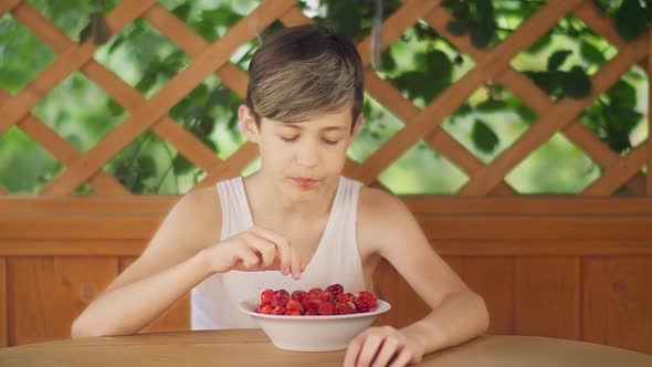 Funny Boy Sitting Outdoors and Eating Strawberries