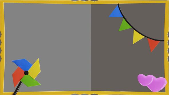 3D Animation of Polaroid With Colorful Flags Garland And Pinwheel Model alt