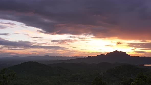 Aerial view, evening view dramatic sky, sunset behind the mountains,