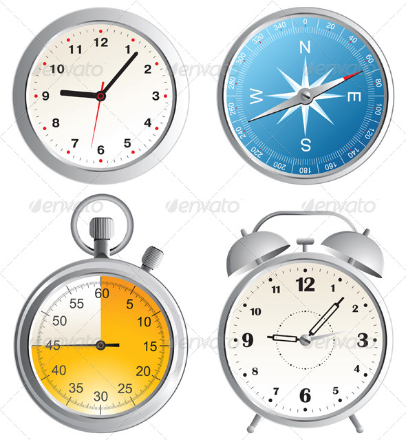 Clock, Alarm Clock, Compass and Stop Watch Icons - Man-made Objects Objects