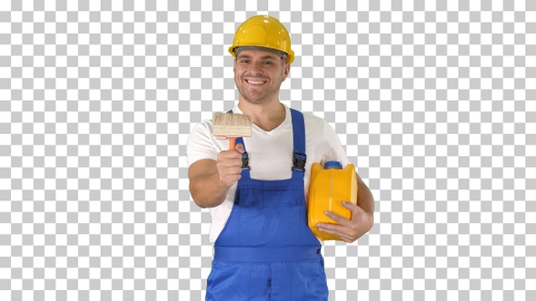 Worker holding paint brush smiling to camera, Alpha Channel alt