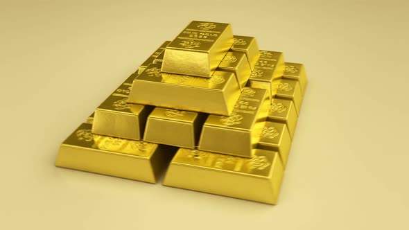 Endless 360 degrees rotation around pyramid stacked gold bars. Loopable. HD