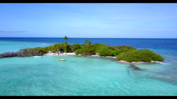 Aerial flying over seascape of paradise bay beach voyage by blue sea with white sand background of a alt