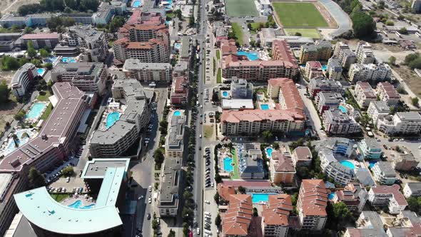 Aerial footage of the beautiful town centre of Sunny Beach in Bulgaria
