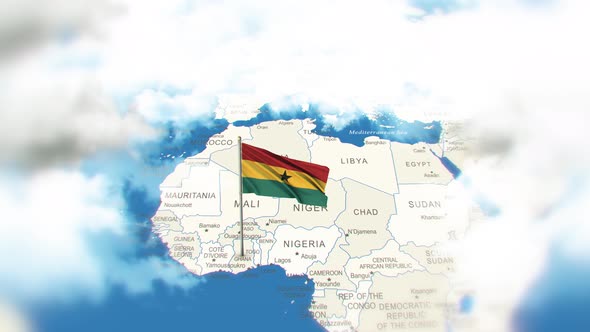 Ghana Map And Flag With Clouds