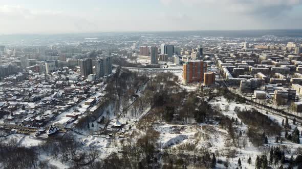 Aerial view Sarzhyn Yar Kharkiv city snowy winter