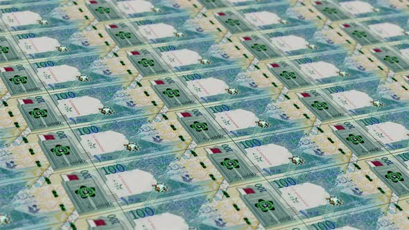 One Hundred Qatar Riyals. It's Moving To The Right. Looped Animation. alt