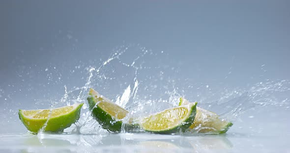 Green Lemons, citrus aurantifolia , Fruits falling on Water, Slow Motion 4K alt