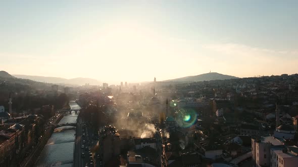 Drone flight video of sunset on Bascarsija in Sarajevo in Bosnia and Hercegovina alt