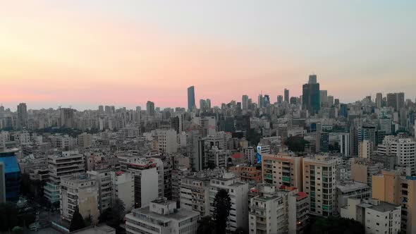 A drone shot of Beirut during sunset time