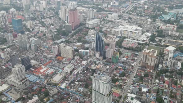 Aerial view city of Kuala Lumpur and iconic tower in Kampong Baru, Kuala Lumpur.