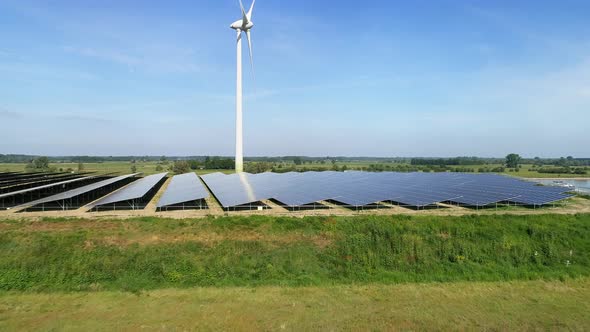 AWERIAL WS Solar panels and wind turbine in rural landscape/ Zutphen, Overijssel, Netherlands