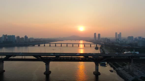 Korea Seoul City Han River Sunset Cheongdam Bridge Car Train Transportation