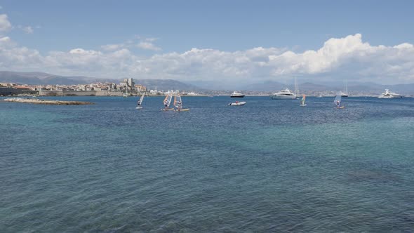 ANTIBES, FRANCE - JULY 2017   Stone walls of  fortified city  on French riviera slow motion footage alt