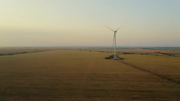 Aerial View of a Wind Farm in Rural Mowed Fields on a Beautiful Summer Sunset alt