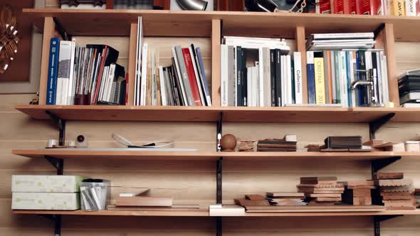 interior wooden house eco apartment bookcase