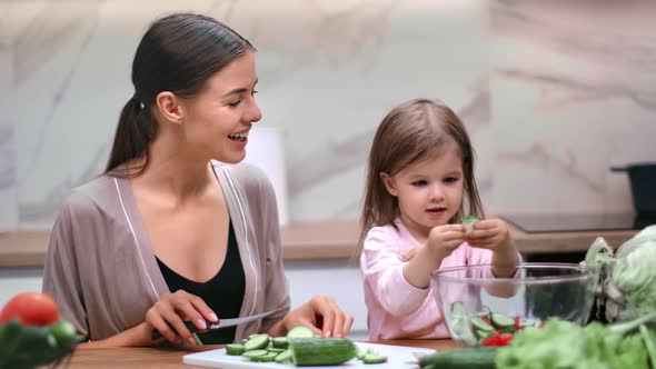Caring Woman and Female Child Preparing Vitamin Salad Together alt