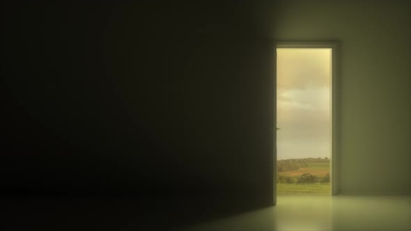 White door open to reveal a beautiful cloudy sky alt