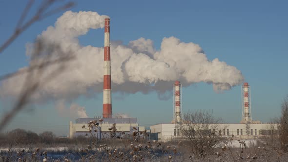 Pipes of the Heat Power Plant From Which Steam Comes Out in Winter