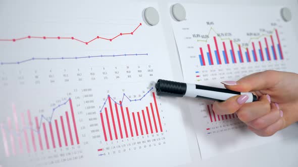 Close up woman hand marker shows points to diagram on flip chart whiteboard alt