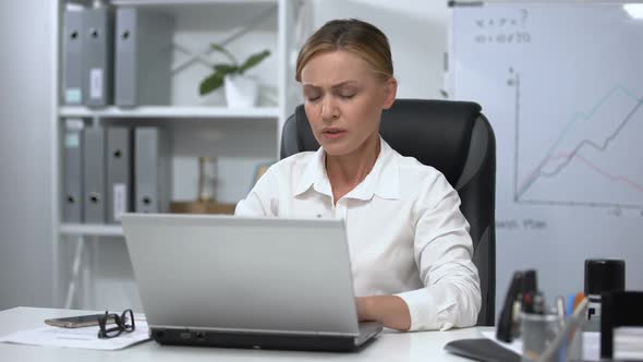 Female Office Worker Massaging Numbing Neck, Sedentary Life Result, Spasm