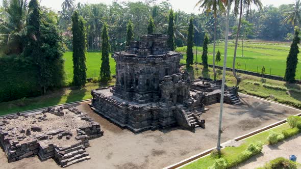 Partly restored ancient Ngawen temple in Muntilan Indonesia, aerial view alt