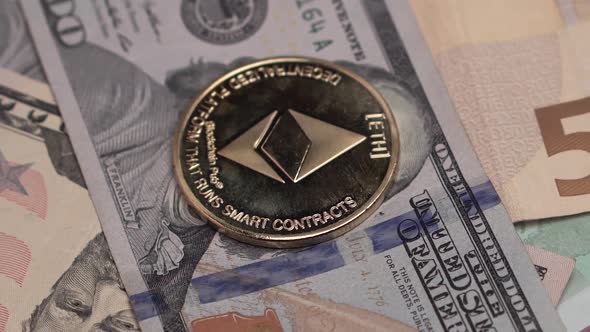 Ethereum ETH Cryptocurrency Coin on Dollars and Euros Banknotes, Future Banking alt