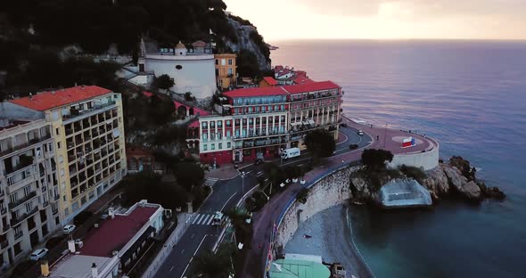 Nice, France. Aerial Footage of City in the Morning. Blue Sea and Sunrise in September. Tourist