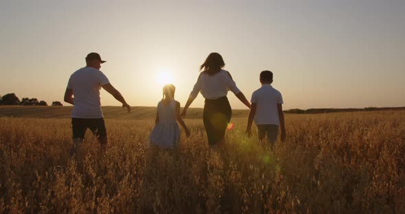 A Young Family With Children Happily Walks Through The Field Holding Hands