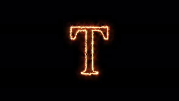 Letter T fire. Symbol animation burning in a flame on a black background alt
