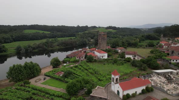 Monção, Medieval Tower and Village of Lapela Aerial View. River Minho, Portugal alt