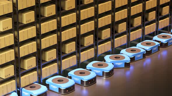 Warehouse industry autonomic robots carrying metal shelves with cardboard boxes. alt