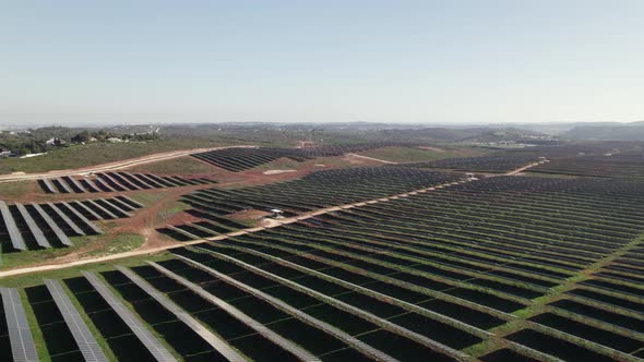 Rows of solar panels lined up optimally for green energy production; aerial
