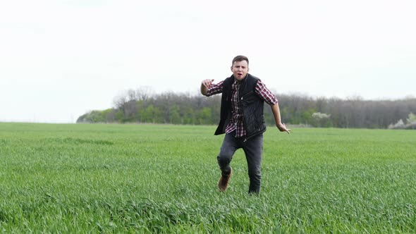 Crazy Successful Farmer Funny Dancing in the Green Field, Falling alt