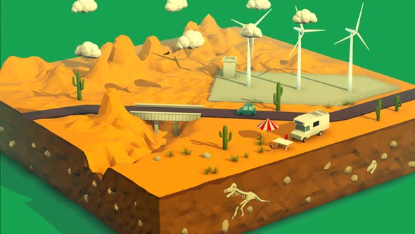 Low poly animation. Sunny desert landscape with rocky terrain and wind turbines