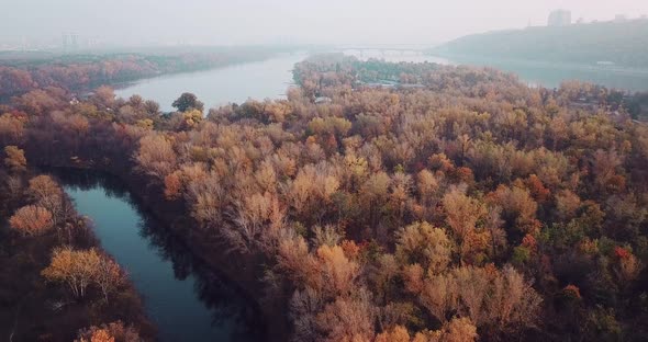 Takeoff Over Islands and Rivers in Autumn, Against the Backdrop of Kiev, Ukraine.