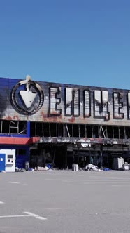 Vertical Video of a Destroyed Shopping Mall During the War in Bucha Ukraine alt