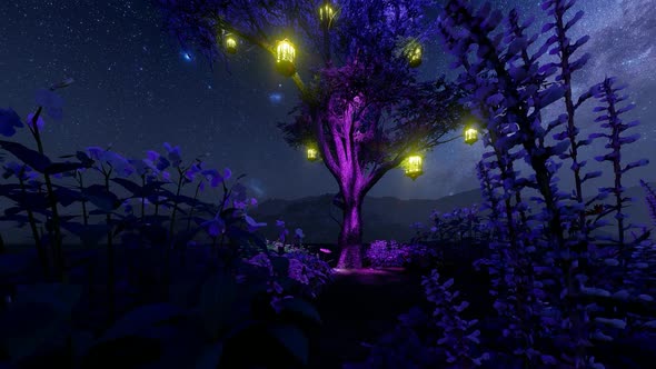 Illuminated Tree and Flower Garden Milky Way View